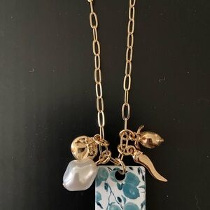 Gold Charm Necklace Blue and White fruit tile and tiny gold lemon and tomato